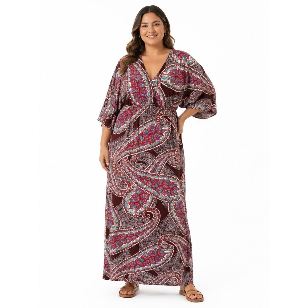 Flirty Pink Womens Plus Size Maxi Dress Burgundy Paisley Boho Caftan 1X